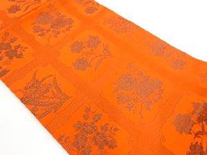 リサイクル　格子に草花模様織り出し名古屋帯